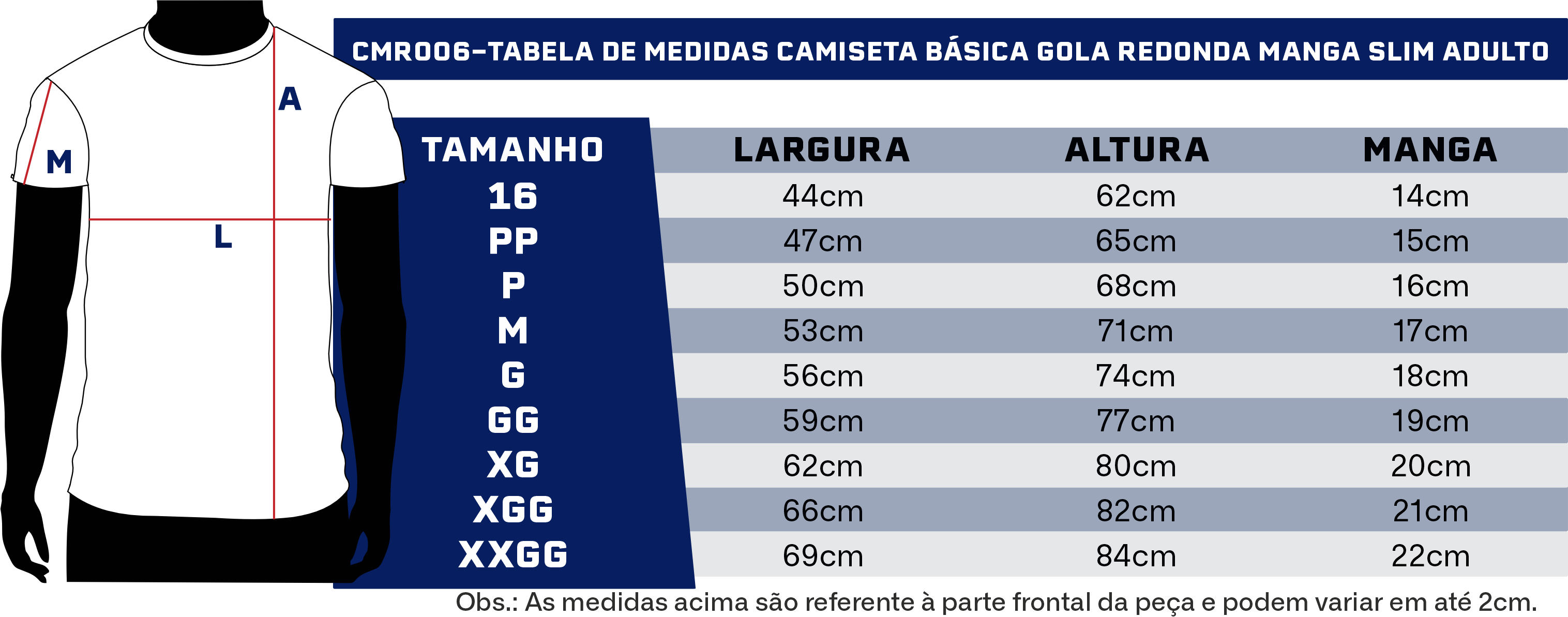 Tabela de medidas camiseta de algodão — Grupo T&M