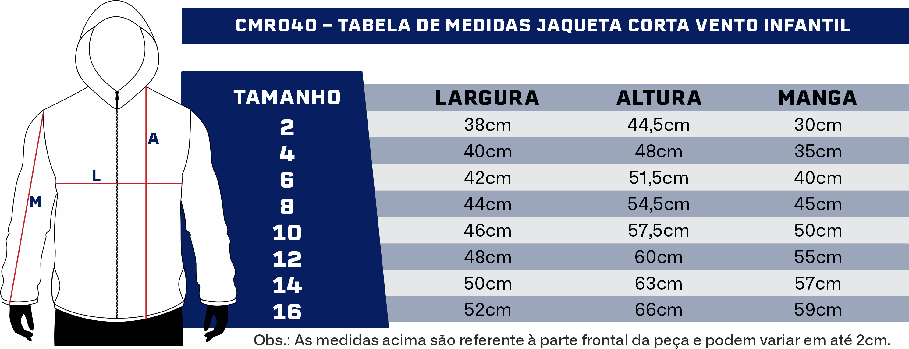 Tabela de medidas — Corta-vento infantil Grupo T&M