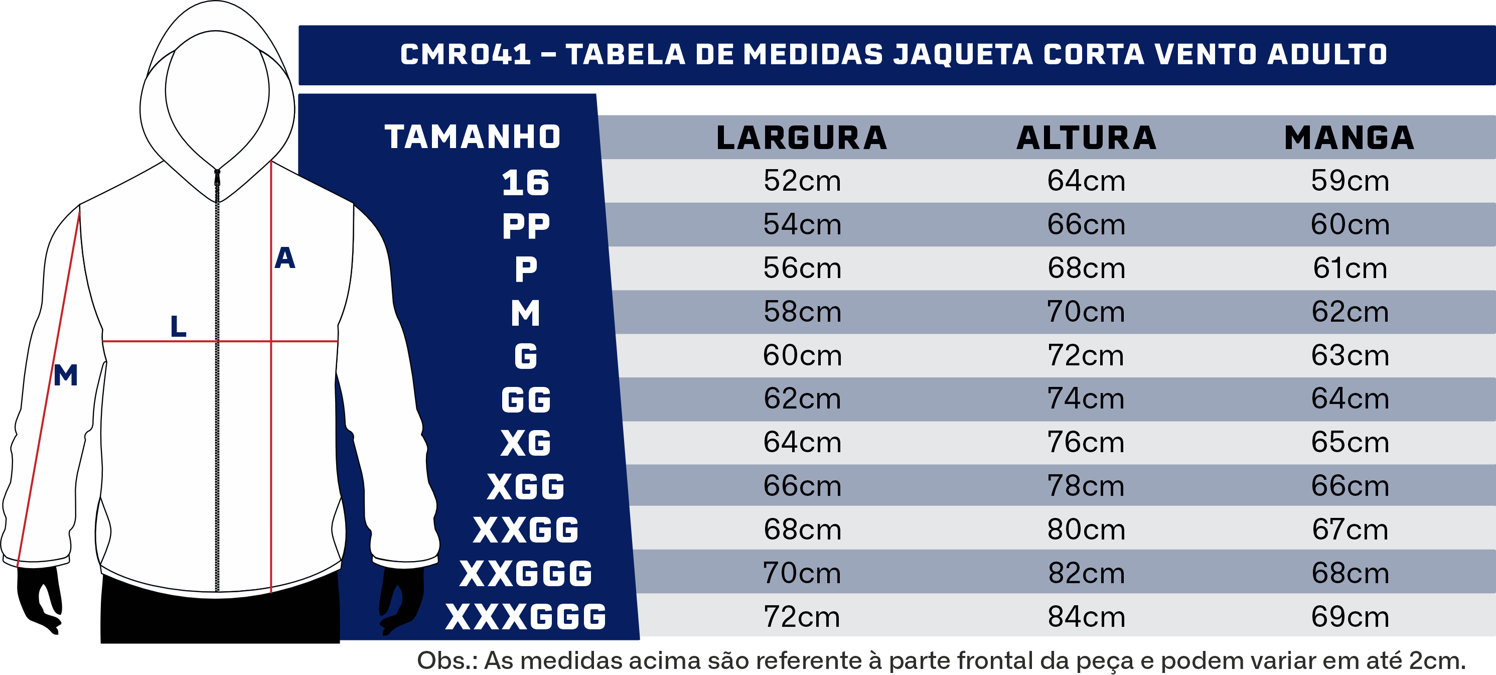 Tabela de medidas — Corta-vento adulto Grupo T&M